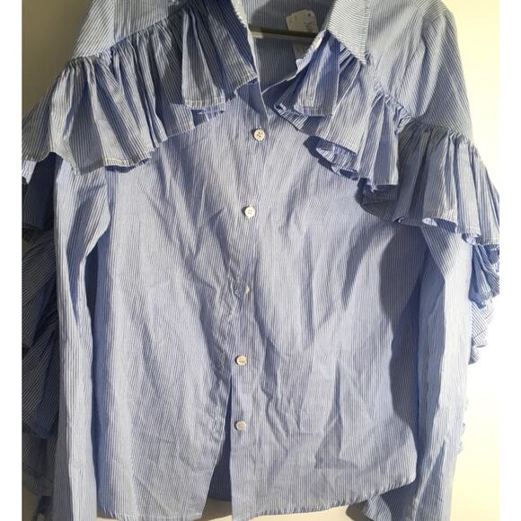 Luxe by Style Keepers Women's Size Medium Light Blue Striped Ruffle Button Down - Picture 5 of 6